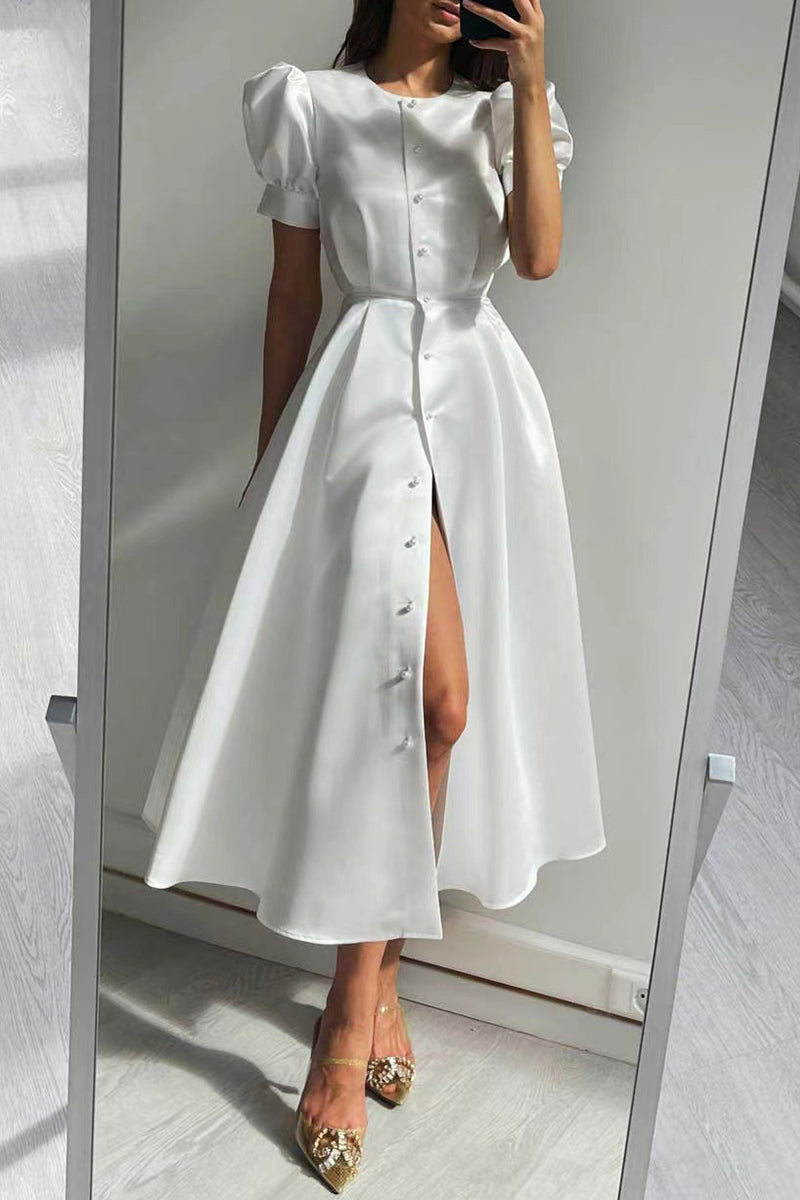 Elegant Solid Buckle O Neck A Line Short Sleeve Dress(5 Colors) - Fashionpara