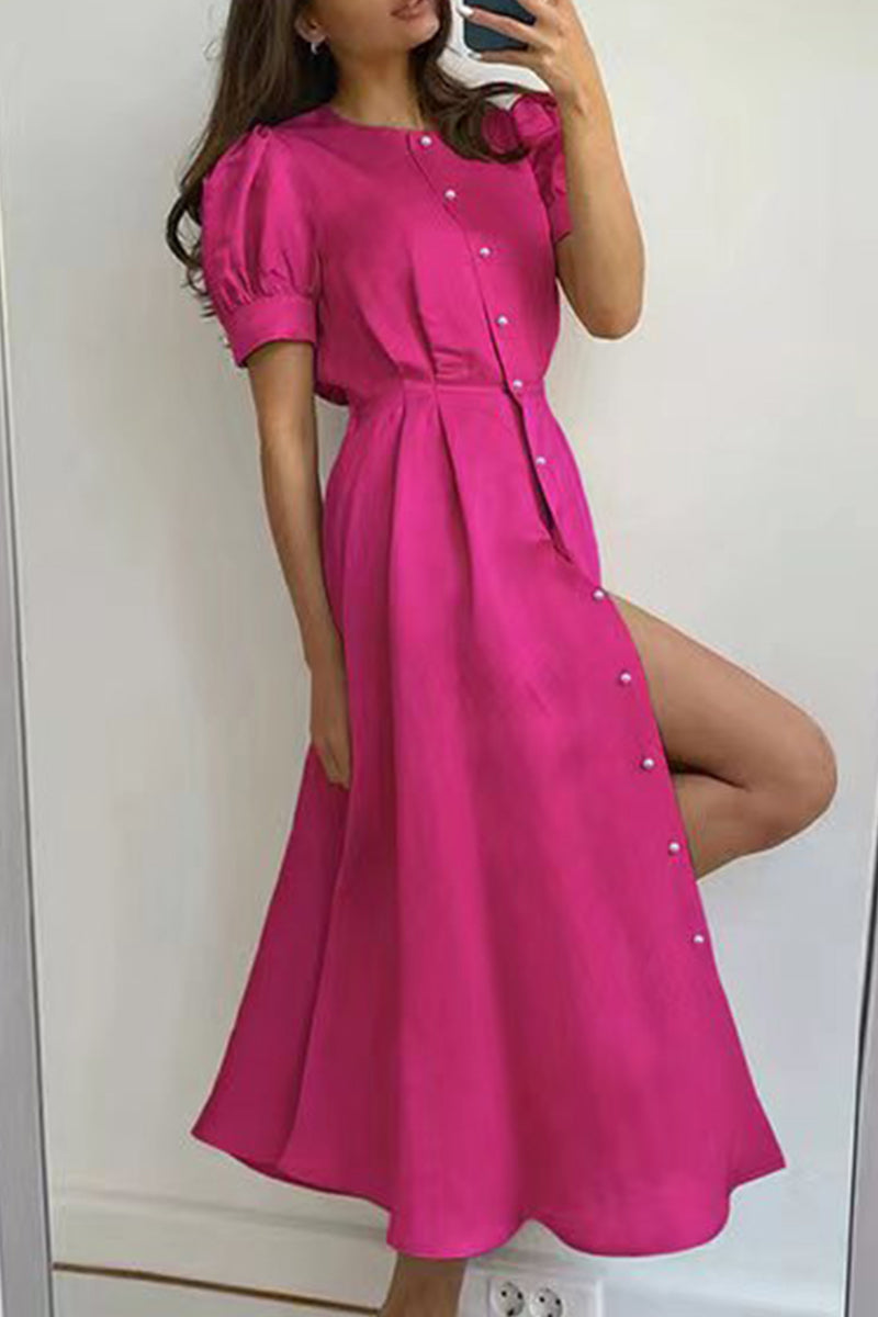 Elegant Solid Buckle O Neck A Line Short Sleeve Dress(5 Colors) - Fashionpara