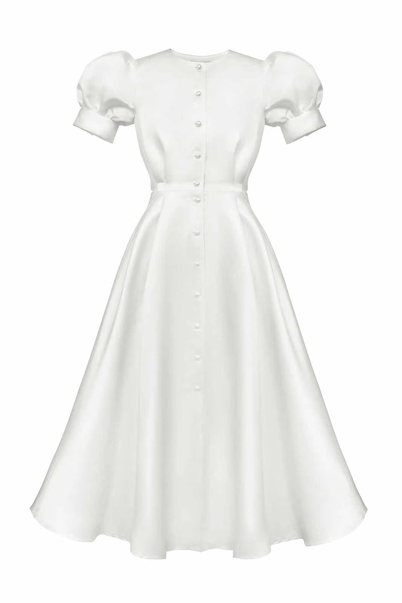 Elegant Solid Buckle O Neck A Line Short Sleeve Dress(5 Colors) - Fashionpara