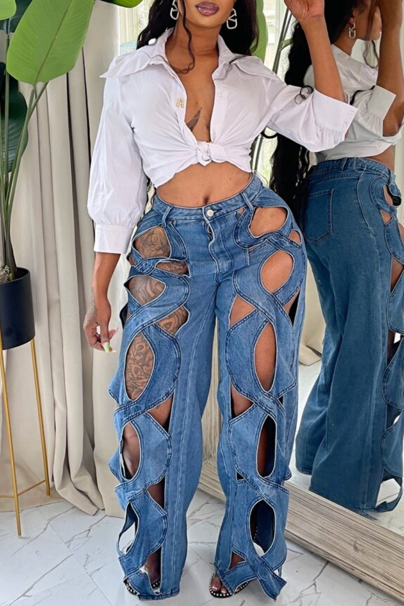 KittenAlarm - Casual Solid Hollowed Out Patchwork High Waist Regular Denim Jeans