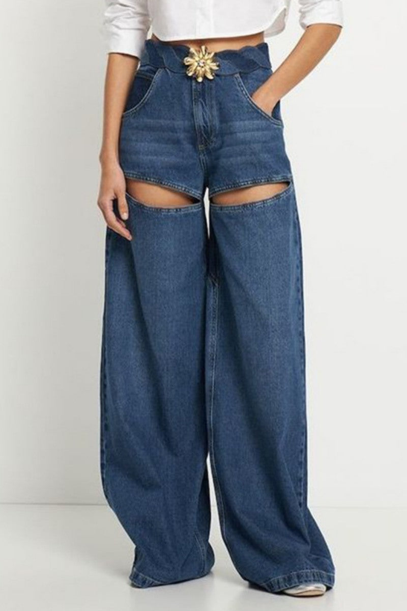 Casual Patchwork Metal Accessories Decoration Contrast High Waist Regular Denim Jeans - Fashionpara