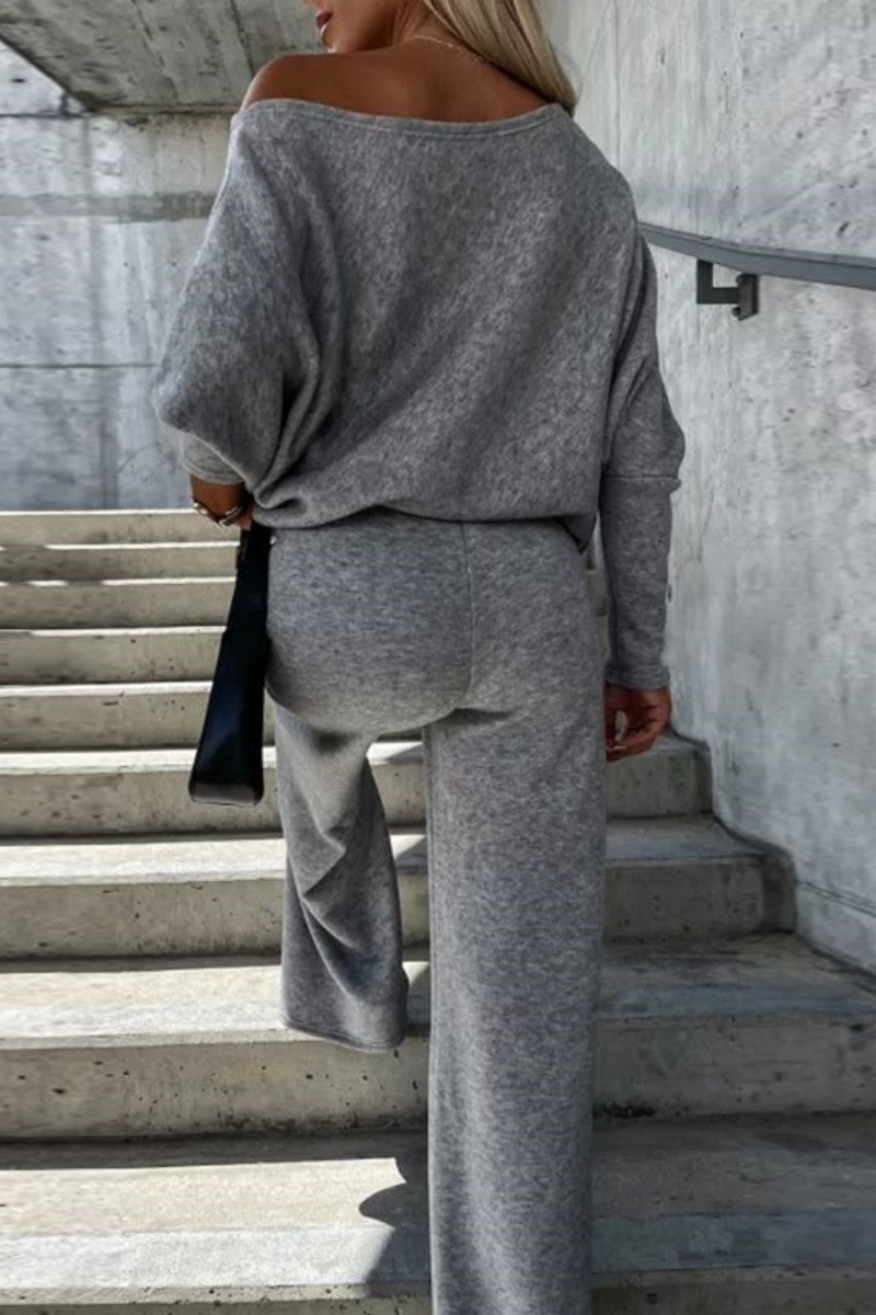 Casual Print Solid Basic Oblique Collar Two Pieces - Fashionpara