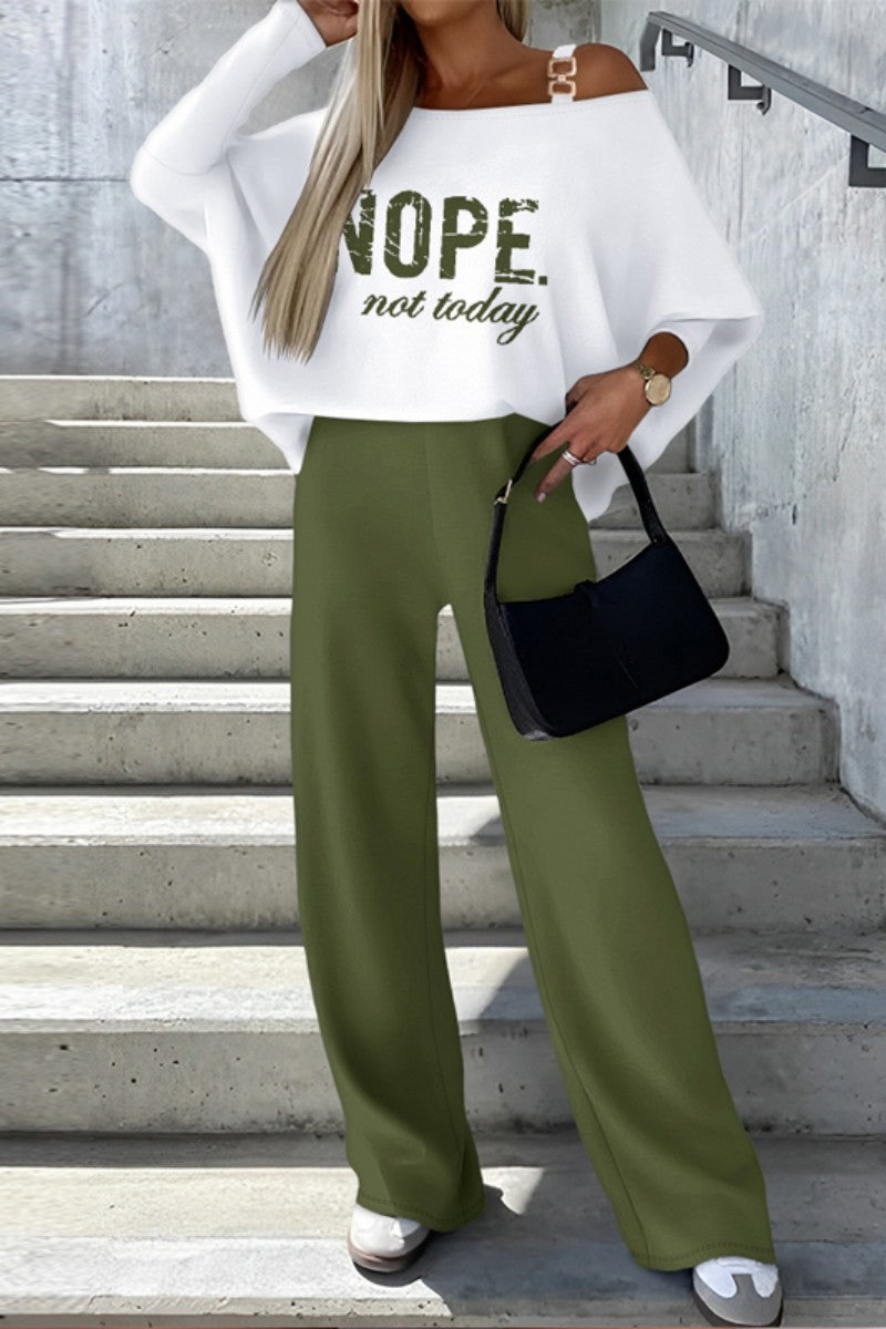 Casual Print Solid Basic Oblique Collar Two Pieces - Fashionpara