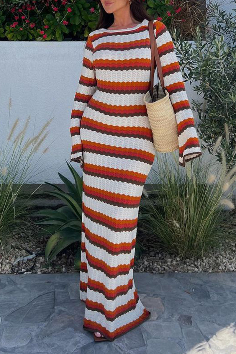Casual Vacation Striped Contrast O Neck Long Sleeve Dresses - Fashionpara