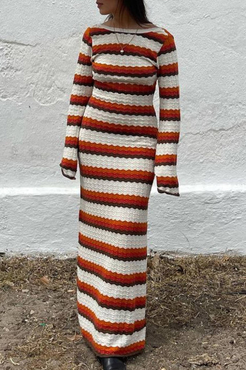 Casual Vacation Striped Contrast O Neck Long Sleeve Dresses - Fashionpara