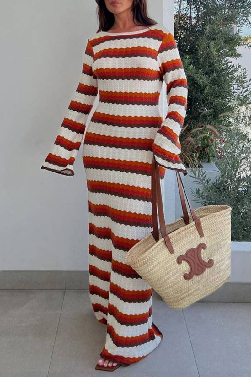 Casual Vacation Striped Contrast O Neck Long Sleeve Dresses - Fashionpara