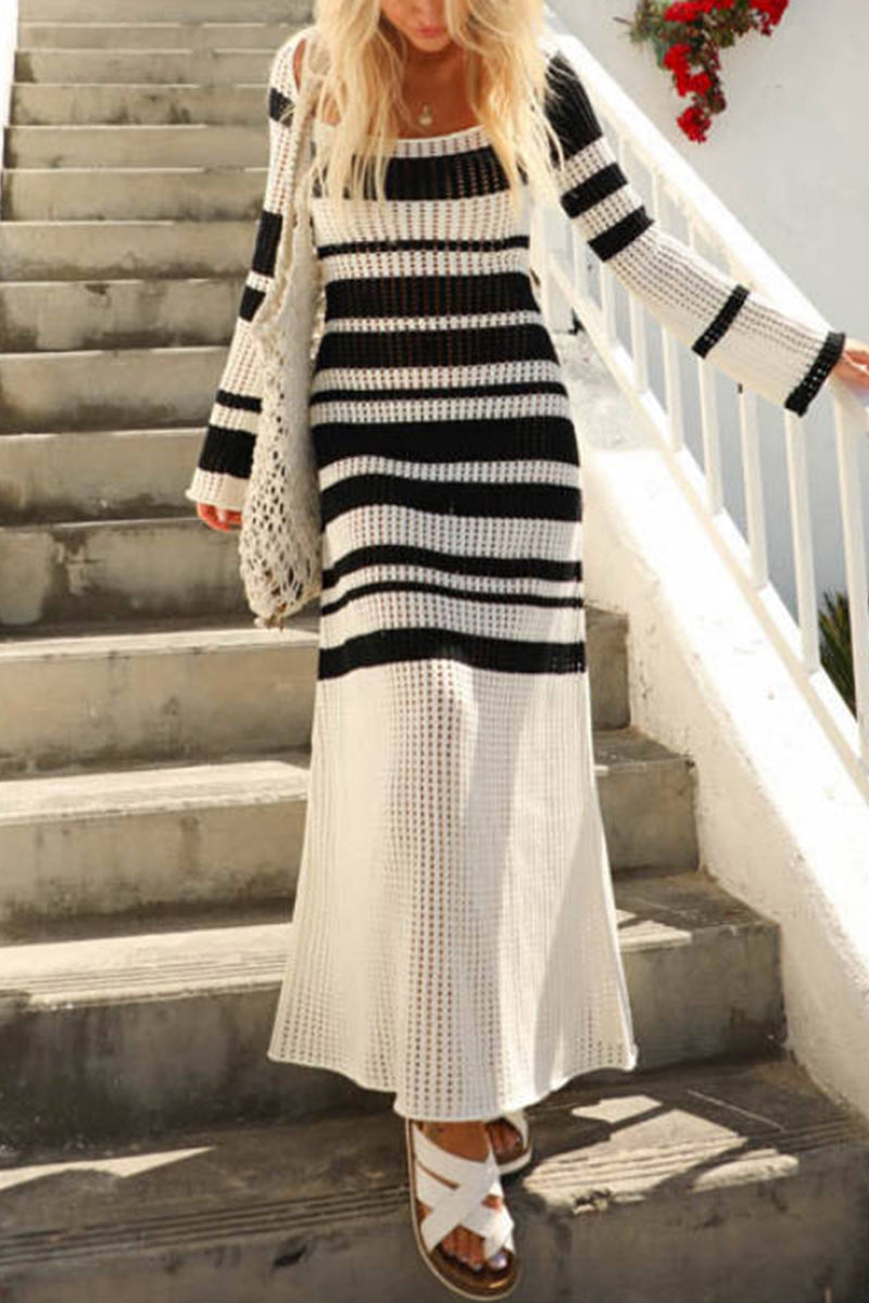 Casual Vacation Striped Contrast Square Collar Long Sleeve Dresses - Fashionpara