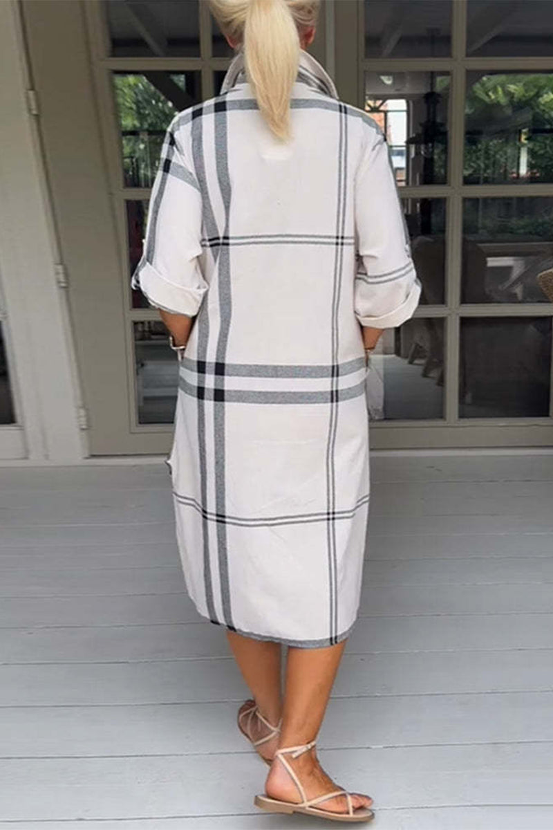 Casual Simplicity Plaid Pocket Turndown Collar A Line Dresses - Fashionpara
