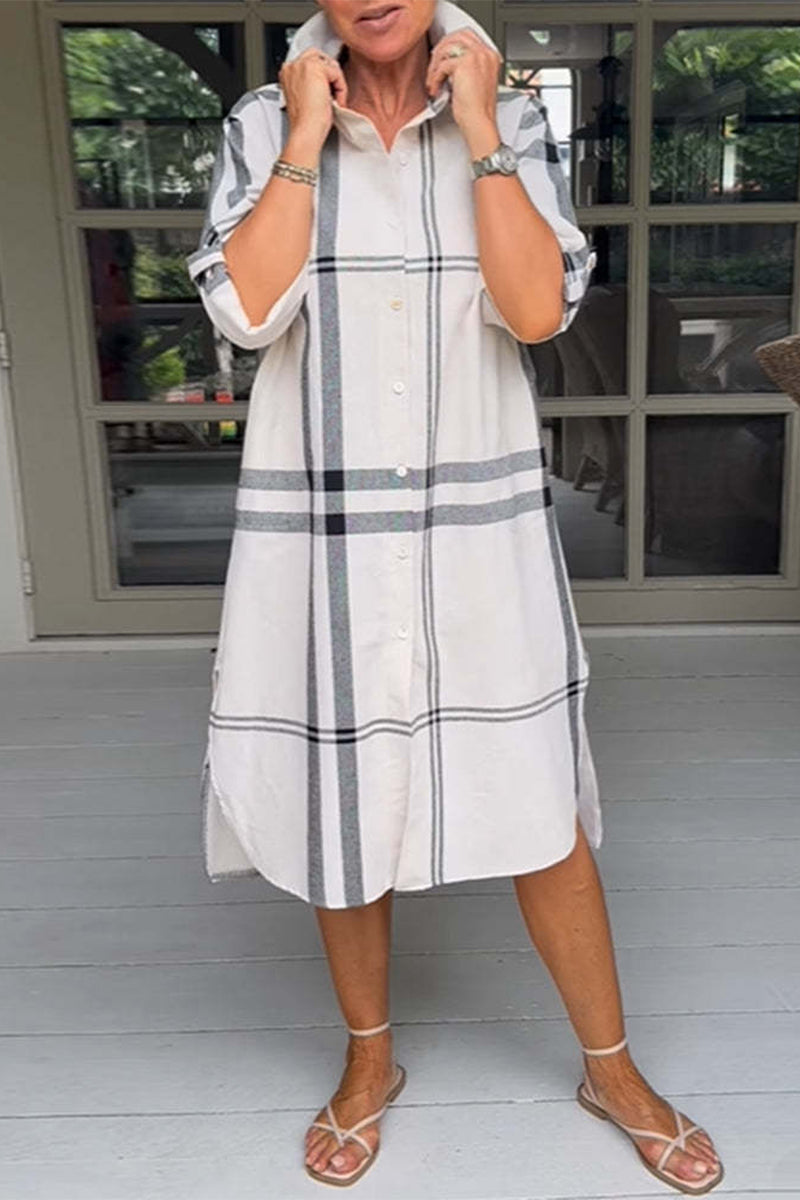 Casual Simplicity Plaid Pocket Turndown Collar A Line Dresses - Fashionpara