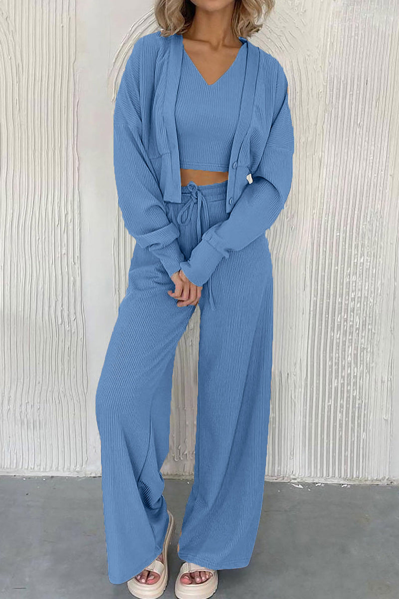 Casual Simplicity Solid Pocket Cardigan Collar Long Sleeve Three Pieces - Fashionpara