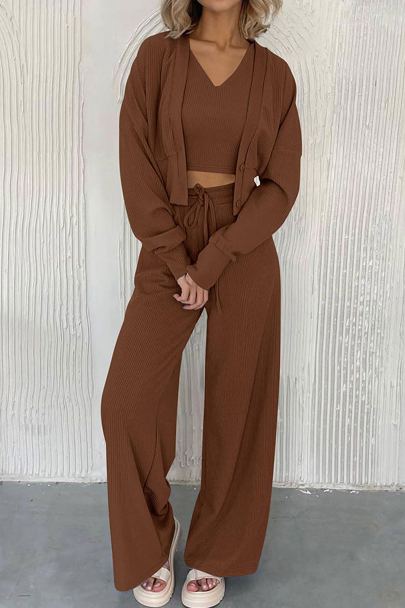 Casual Simplicity Solid Pocket Cardigan Collar Long Sleeve Three Pieces - Fashionpara