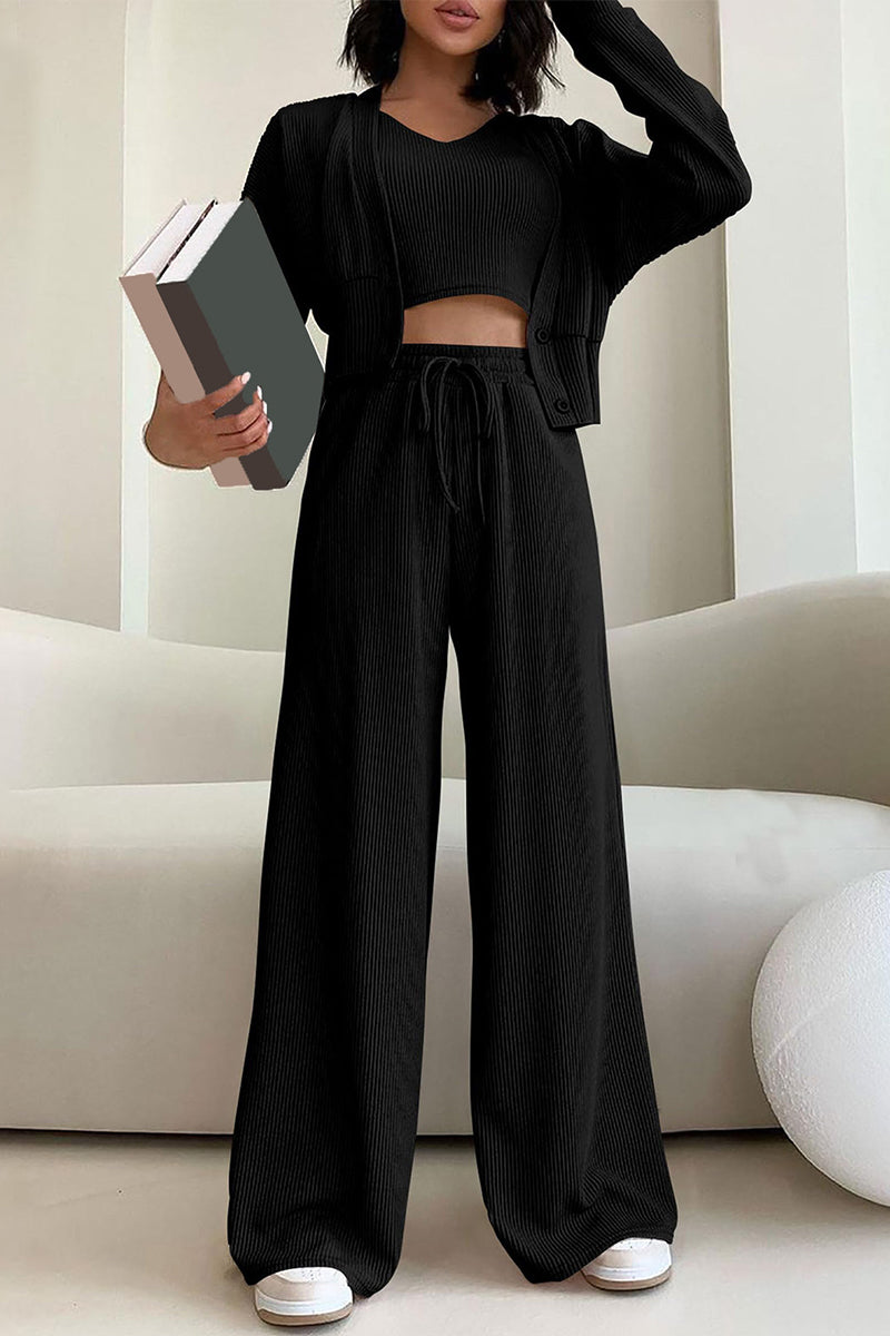 Casual Simplicity Solid Pocket Cardigan Collar Long Sleeve Three Pieces - Fashionpara