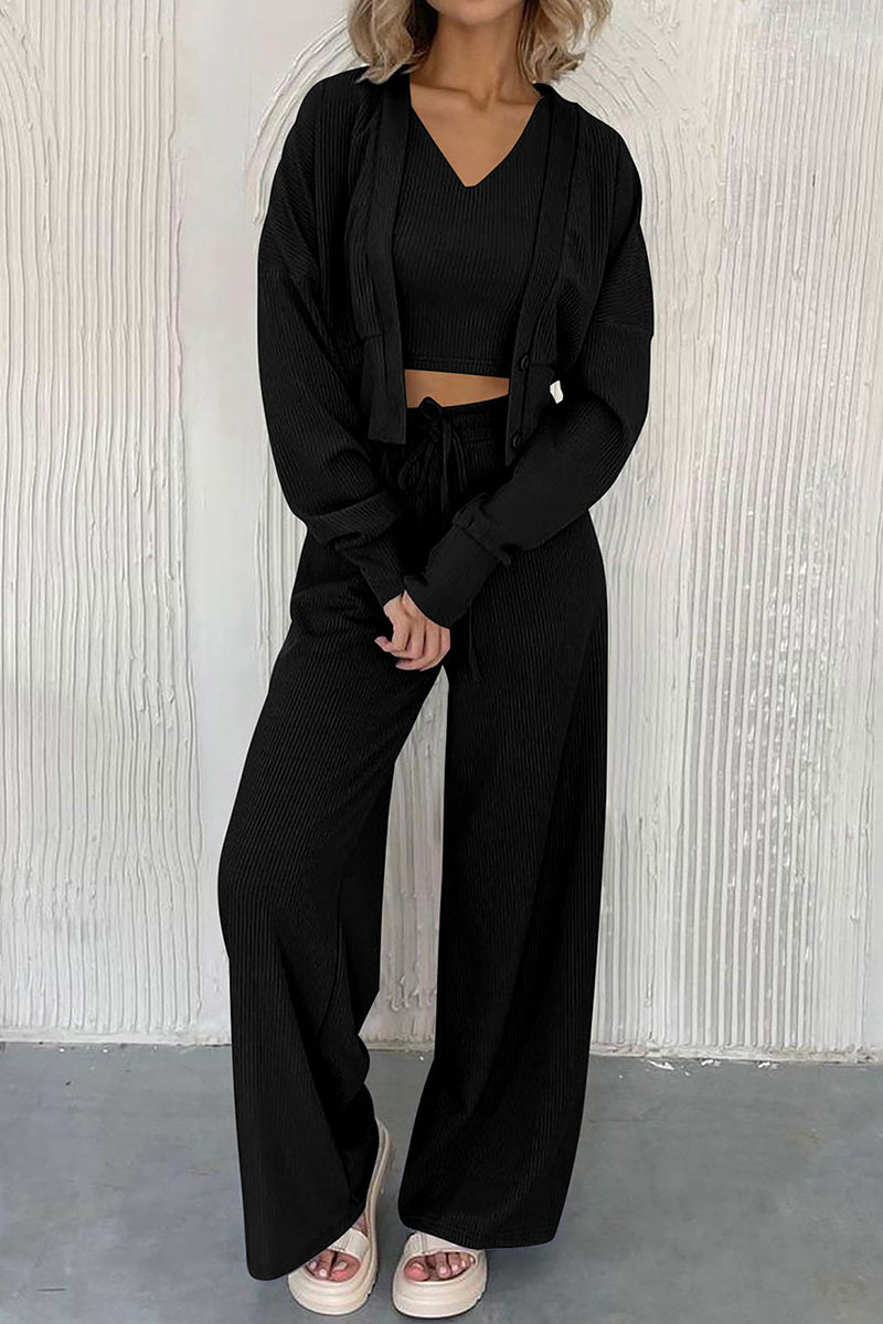 Casual Simplicity Solid Pocket Cardigan Collar Long Sleeve Three Pieces - Fashionpara