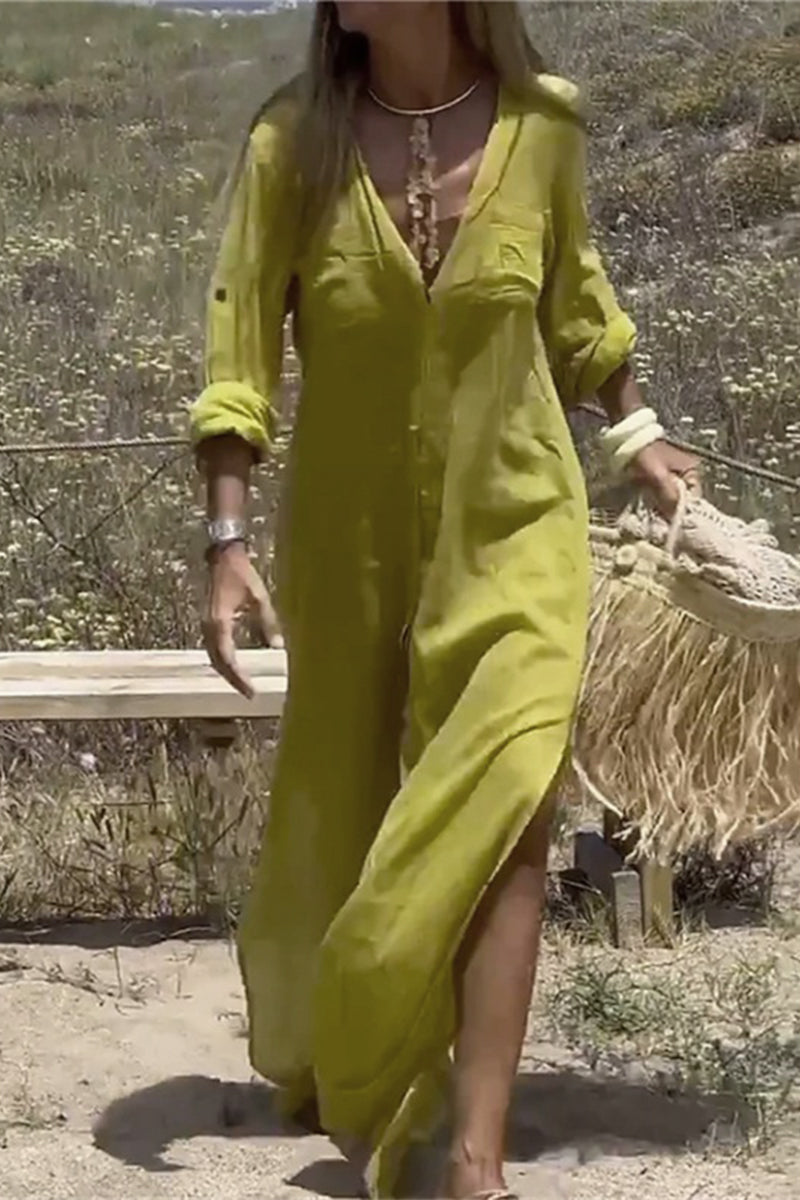 Casual Simplicity Solid Buttons Slit Mandarin Collar Long Sleeve Dresses - Fashionpara