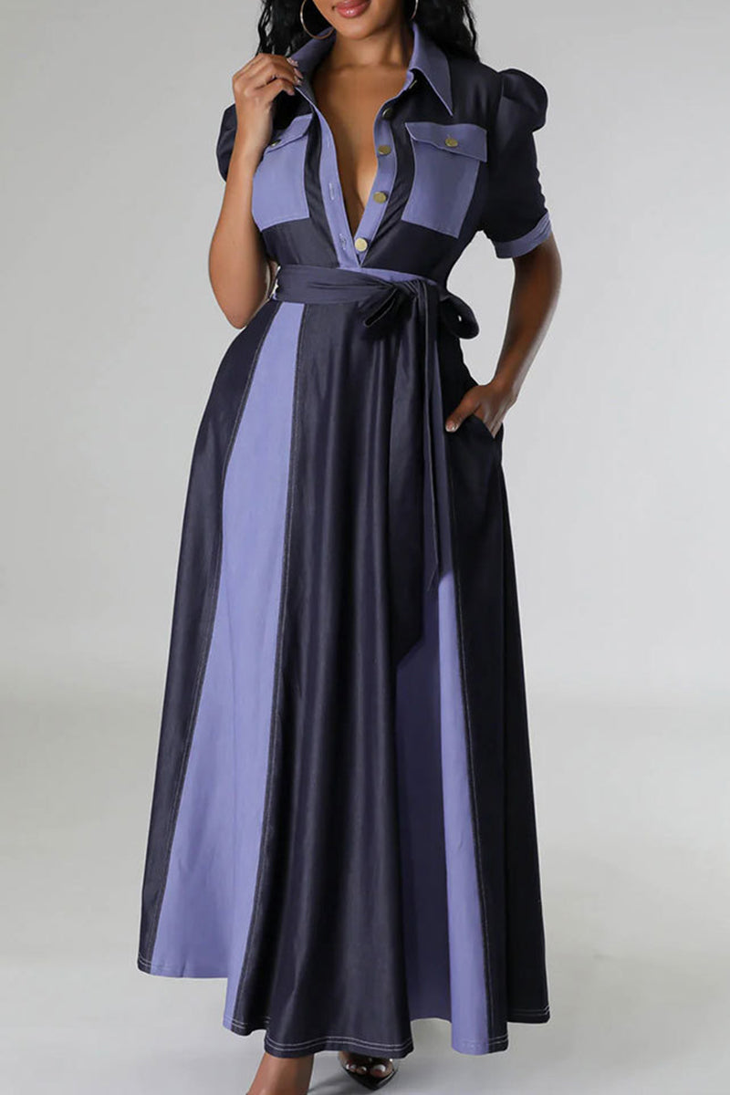 Casual Color Block Bandage Patchwork Pocket Buckle V Neck Long Dress Dresses - Fashionpara