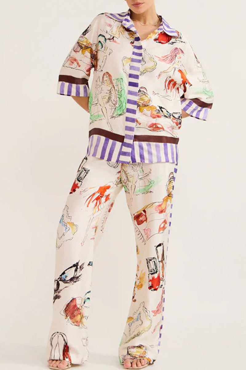 Casual Print Turndown Collar Two Pieces - Fashionpara