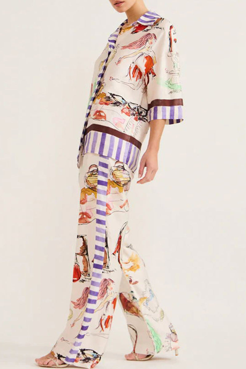 Casual Print Turndown Collar Two Pieces - Fashionpara