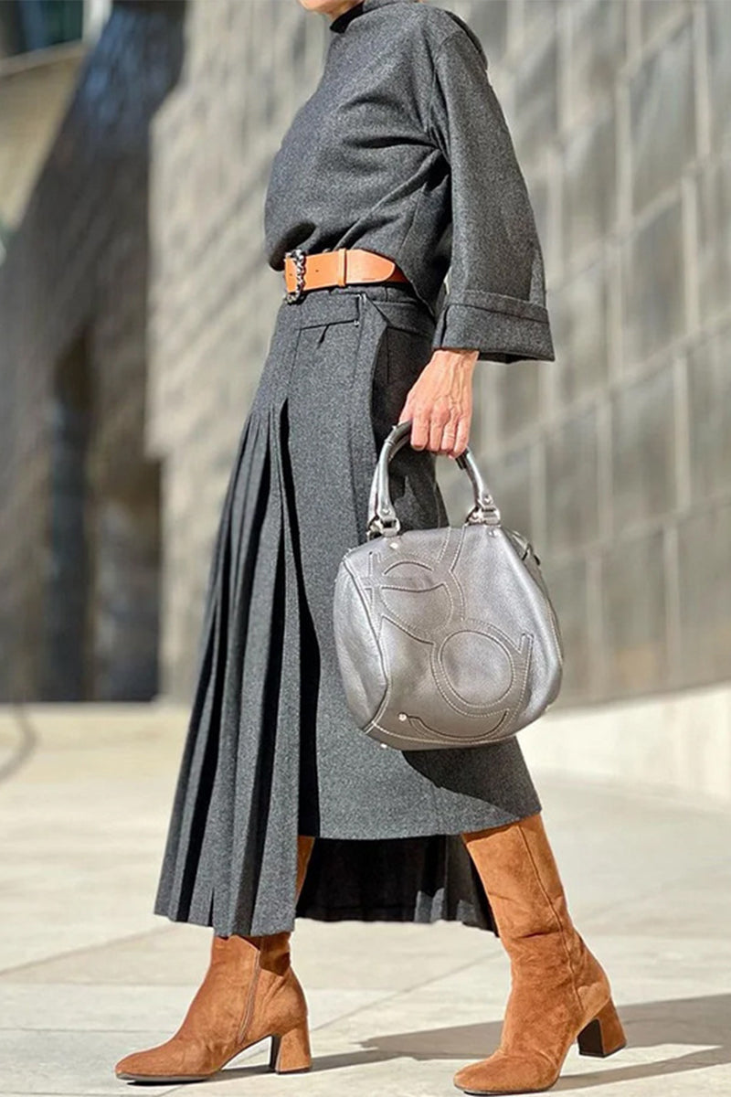 Casual British Style Leopard Fold Without Belt O Neck Waist Skirt Dresses(No Belt) - Fashionpara