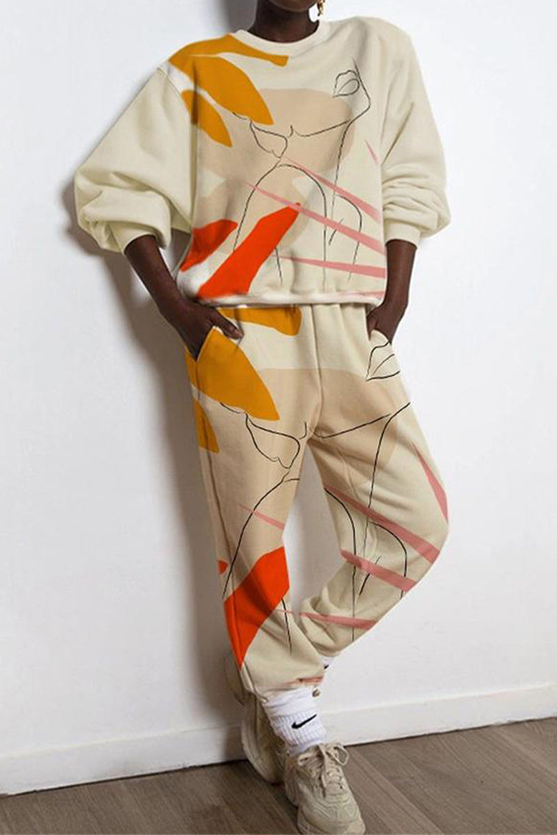 Casual Sportswear Print Contrast O Neck Long Sleeve Two Pieces - Fashionpara