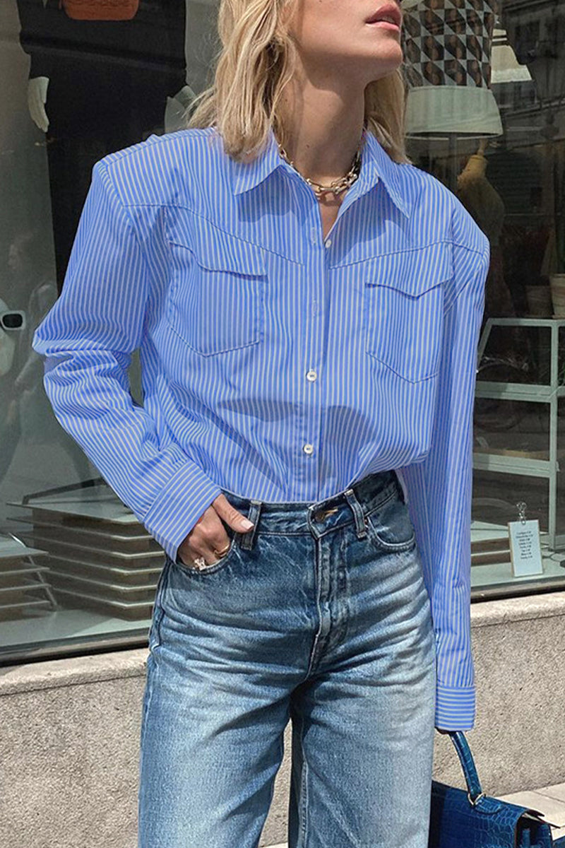 Casual Striped Patchwork Turndown Collar Tops - Fashionpara