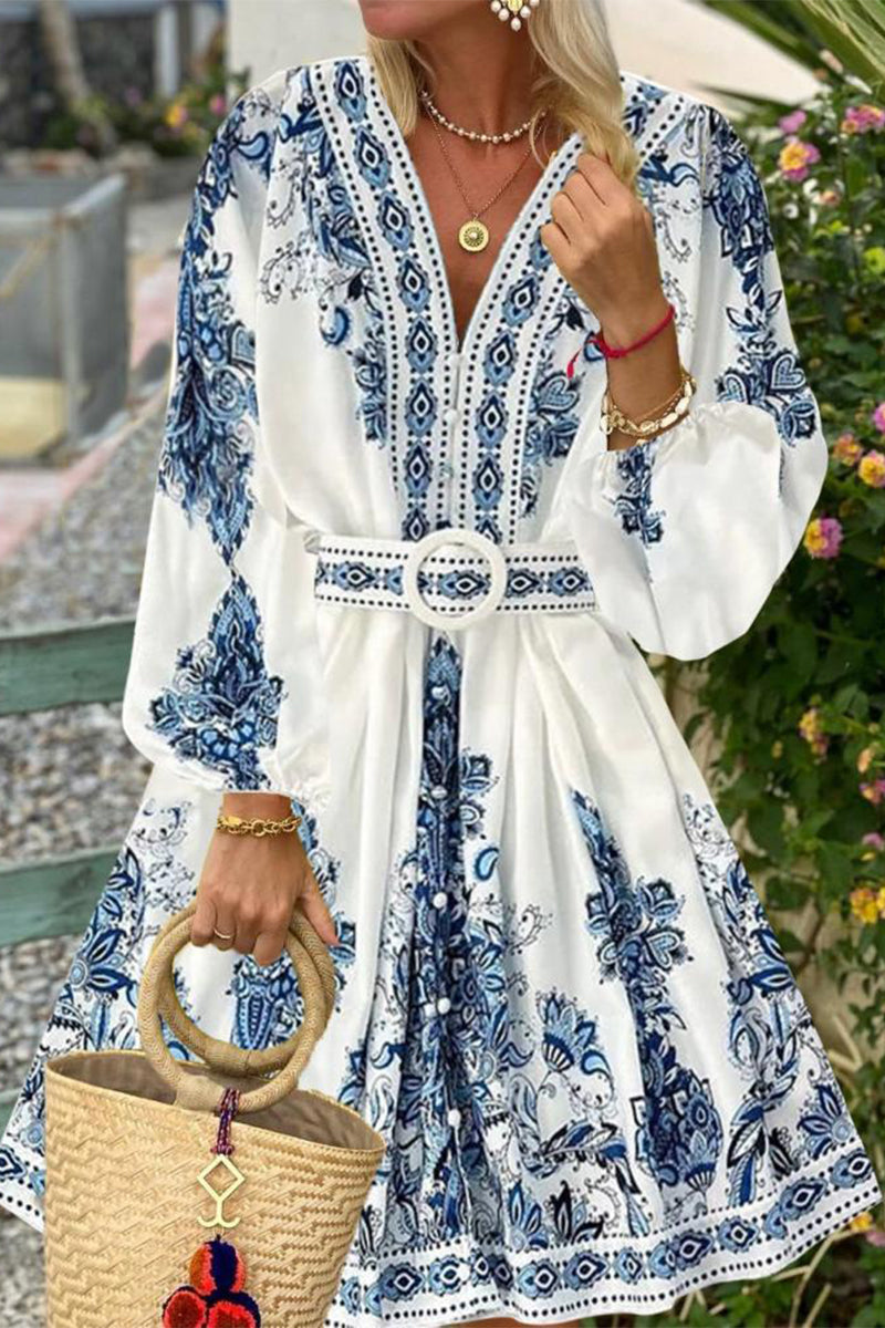 Bohemian Elegant Print With Belt V Neck A Line Dresses - Fashionpara