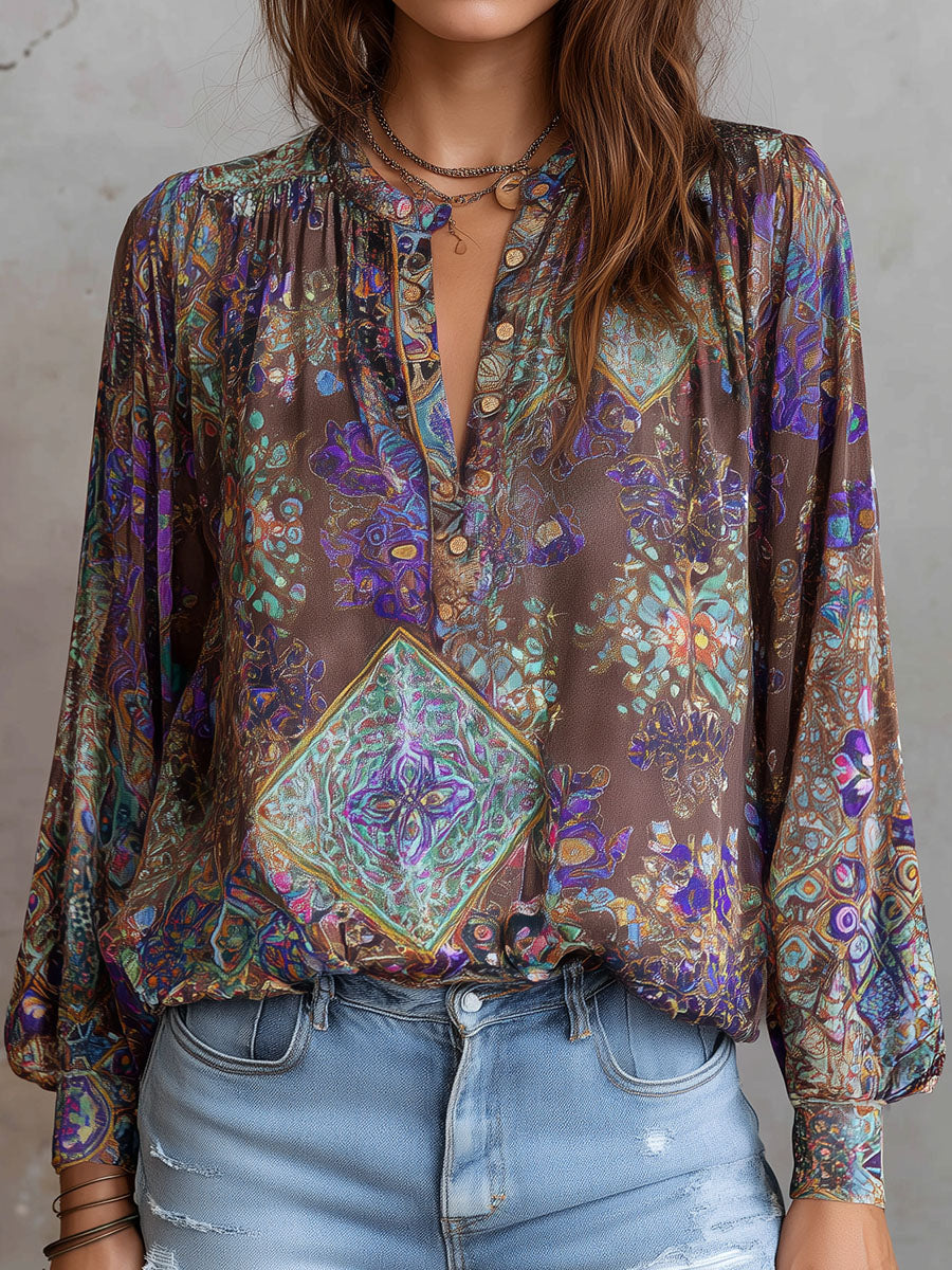 Vintage Colorful Pattern Print V-Neck Button Down Blouse - Fashionpara