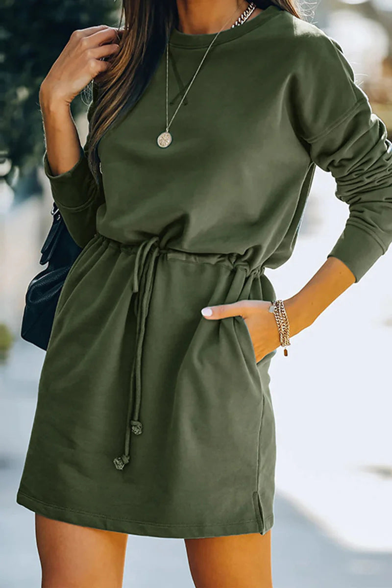 Casual Solid Draw String Pocket O Neck Long Sleeve Dresses - Fashionpara
