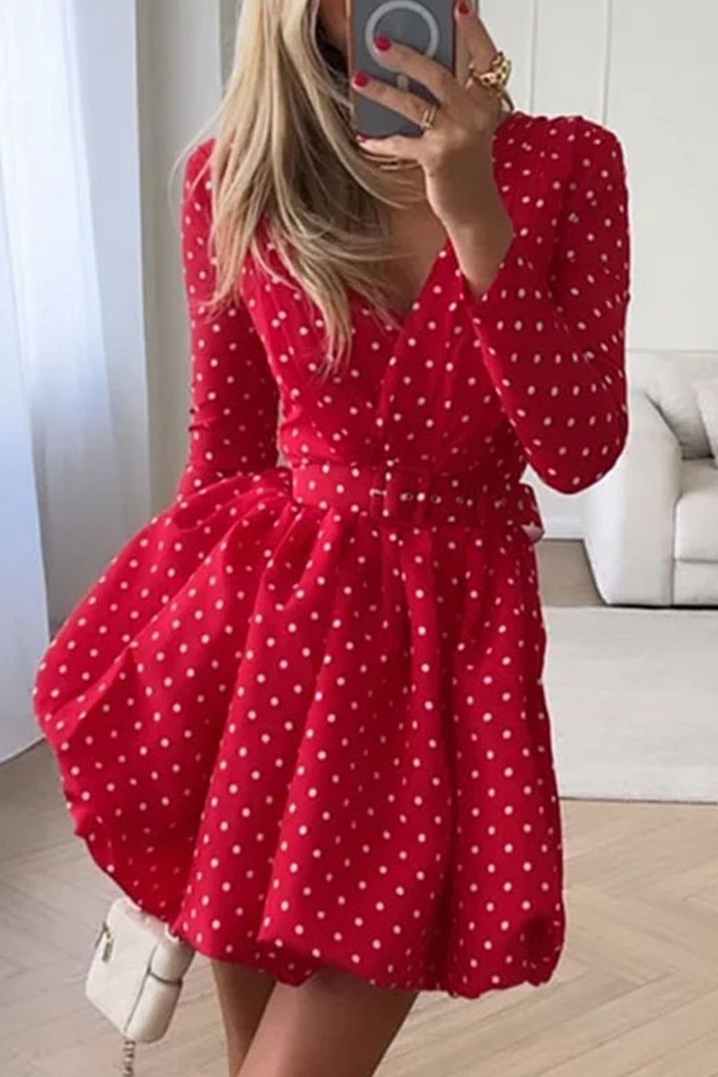 Sexy Polka Dot Printing V Neck A Line Dresses - Fashionpara