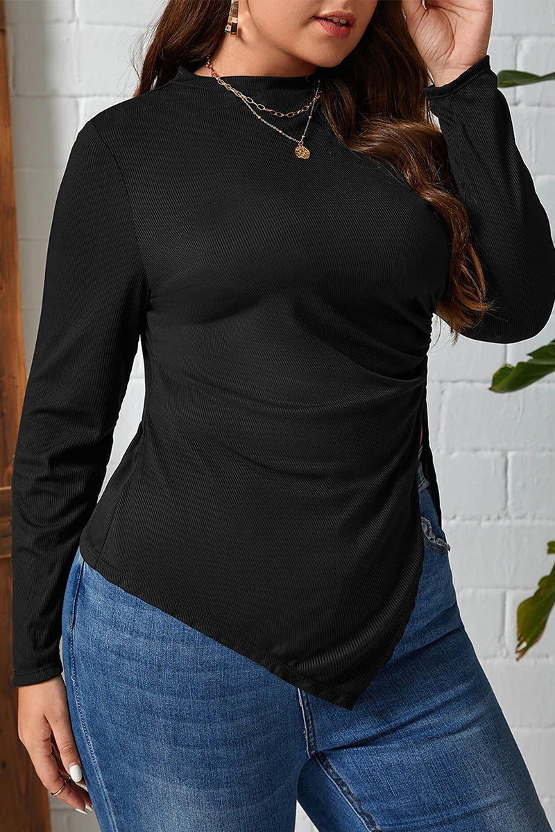 Casual Solid Asymmetrical O Neck Plus Size Tops