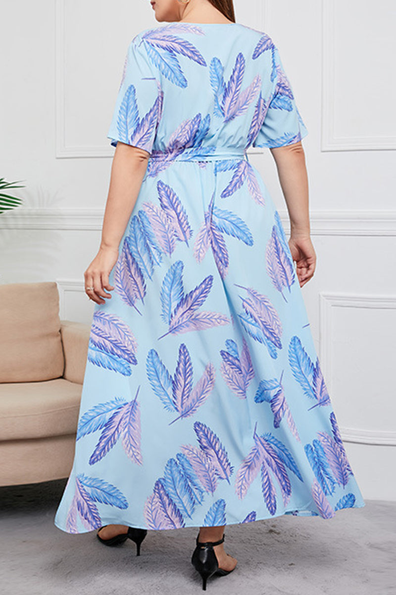 Vintage Elegant Geometric Print Bandage V Neck Printed Dress Plus Size Dresses(7 Colors)