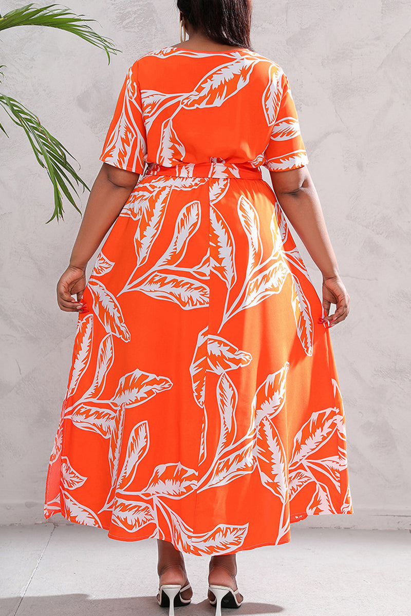 Vintage Elegant Geometric Print Bandage V Neck Printed Dress Plus Size Dresses(7 Colors)