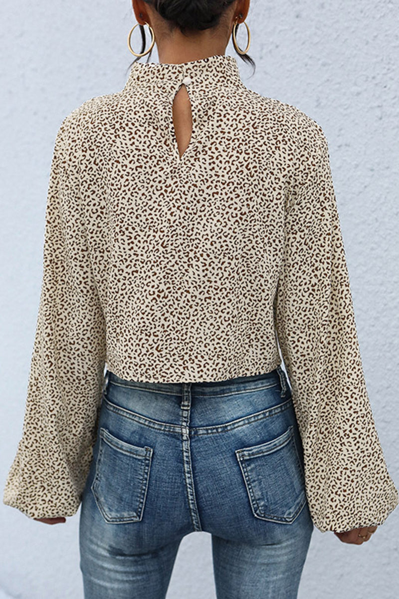 Casual Leopard Asymmetrical Printing Turtleneck Tops - Fashionpara