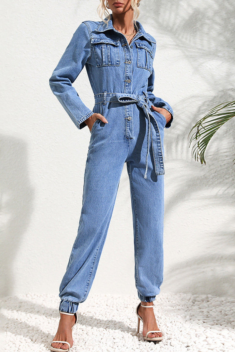 Casual Street Solid Bandage Pocket Turndown Collar Long Sleeve Regular Denim Jumpsuits - Fashionpara