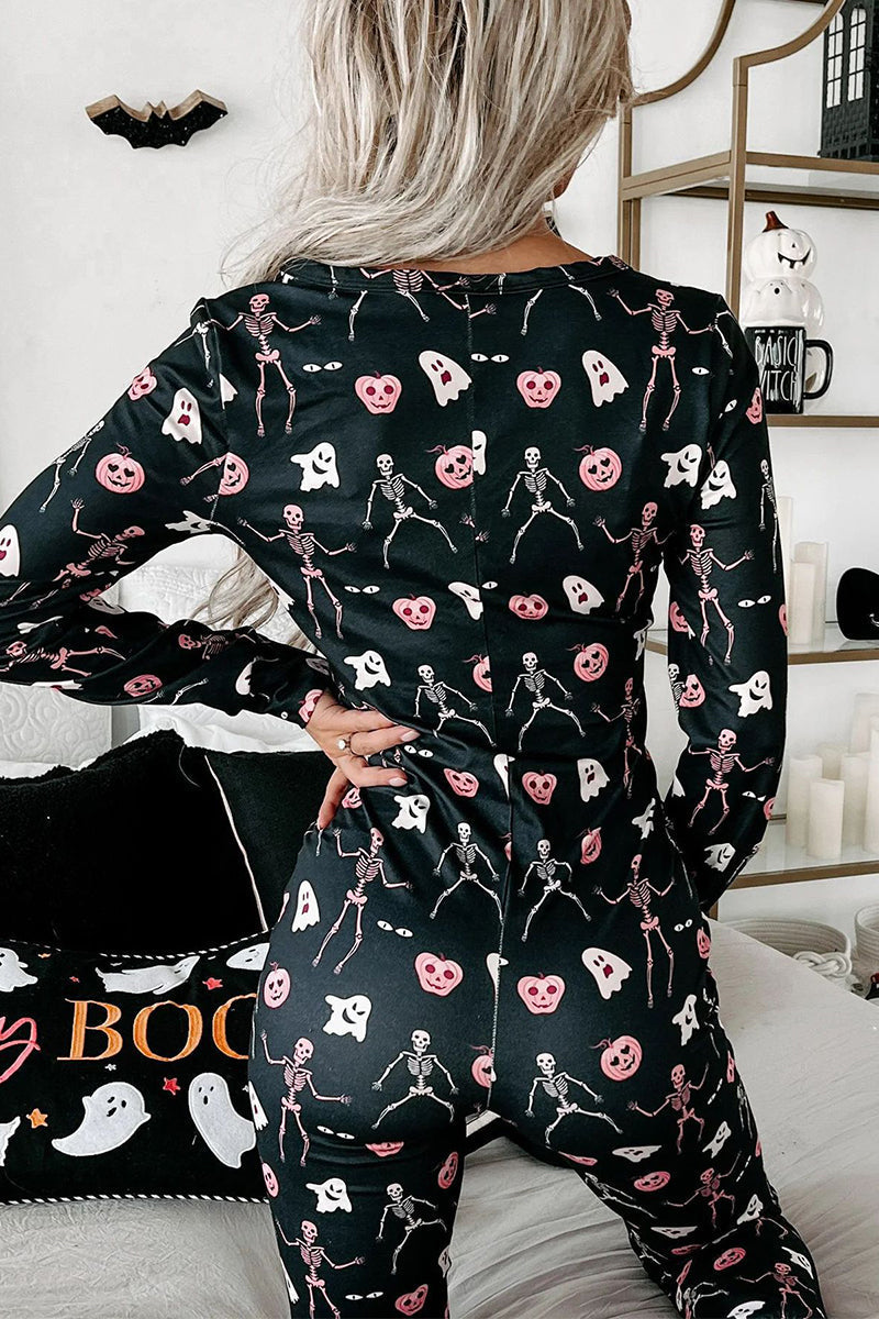 Casual Skull Printing V Neck Long Sleeve Two Pieces - Fashionpara