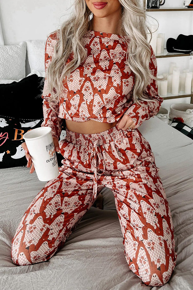 Casual Skull Printing V Neck Long Sleeve Two Pieces - Fashionpara