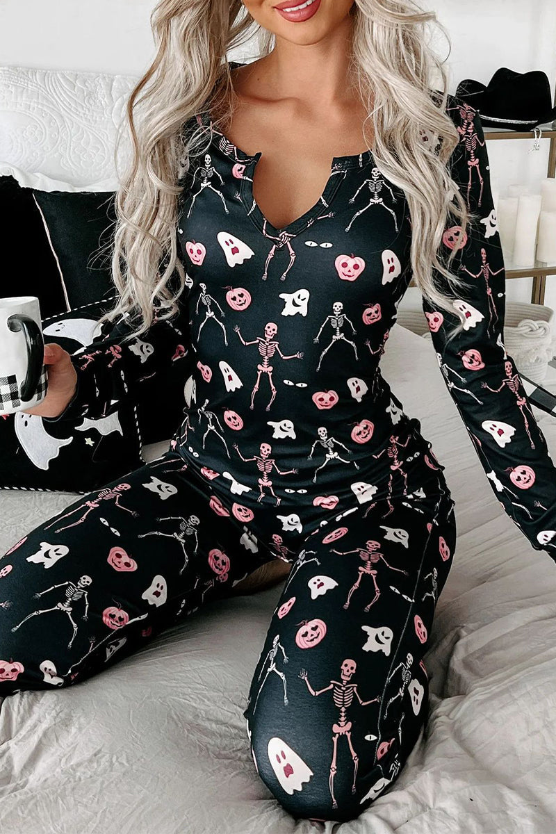 Casual Skull Printing V Neck Long Sleeve Two Pieces - Fashionpara