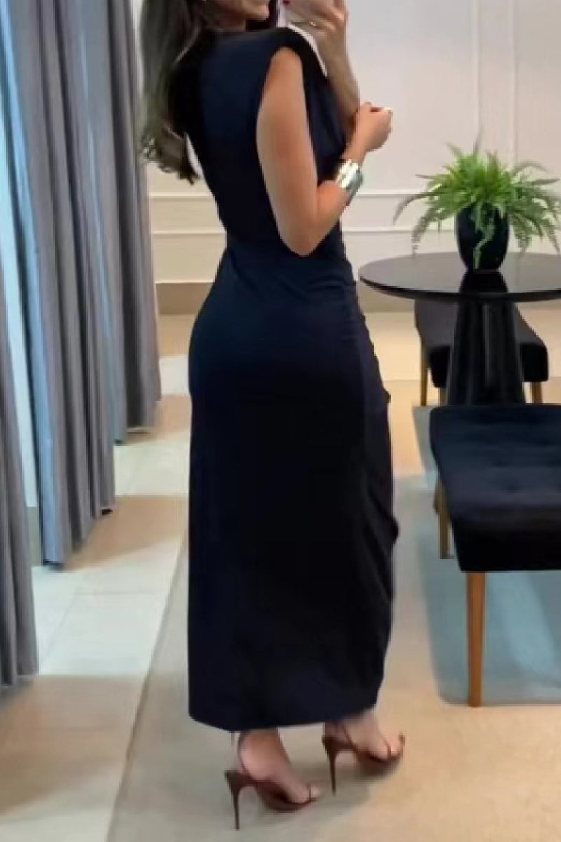 Casual Solid Slit V Neck Long Dress Dresses - Fashionpara