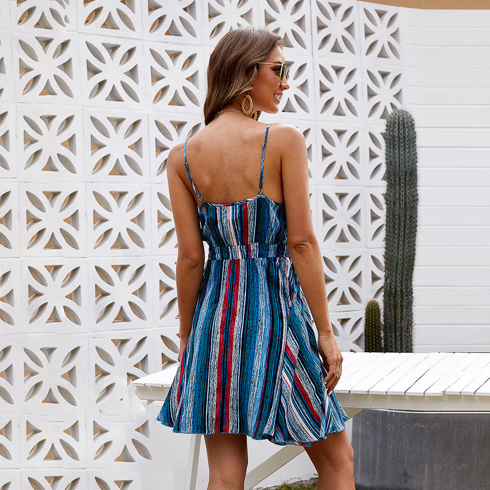 Striped V-Neck Wrap Sleeveless Fit & Flare Mini Dress 3