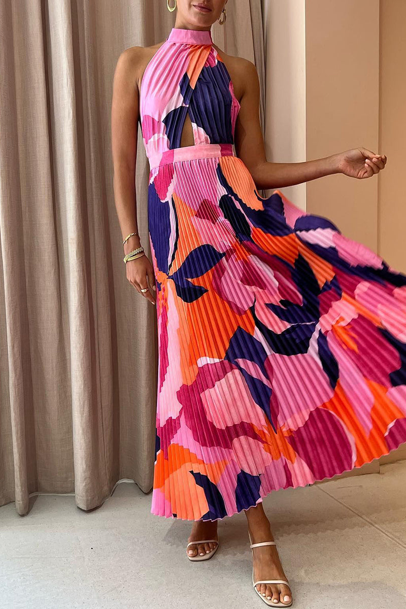 Sexy Vacation Gradual Change Print Fold Contrast Halter Sleeveless Dress Dresses  Fashionpara