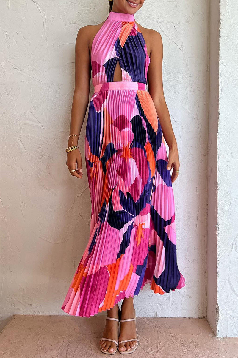 Sexy Vacation Gradual Change Print Fold Contrast Halter Sleeveless Dress Dresses  Fashionpara