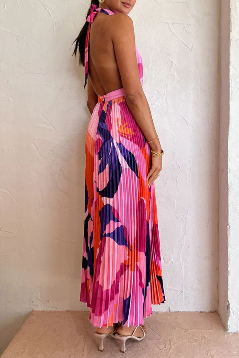 Sexy Vacation Gradual Change Print Fold Contrast Halter Sleeveless Dress Dresses  Fashionpara