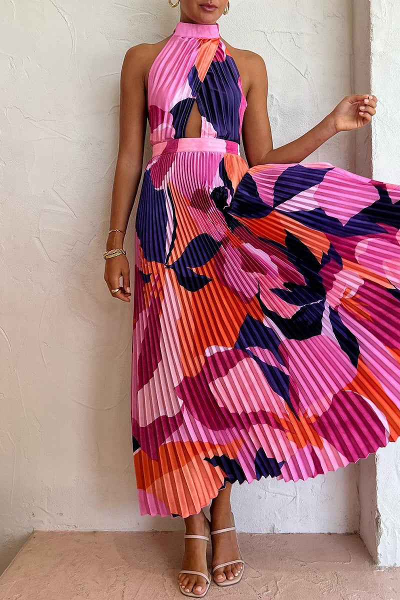 Sexy Vacation Gradual Change Print Fold Contrast Halter Sleeveless Dress Dresses  Fashionpara