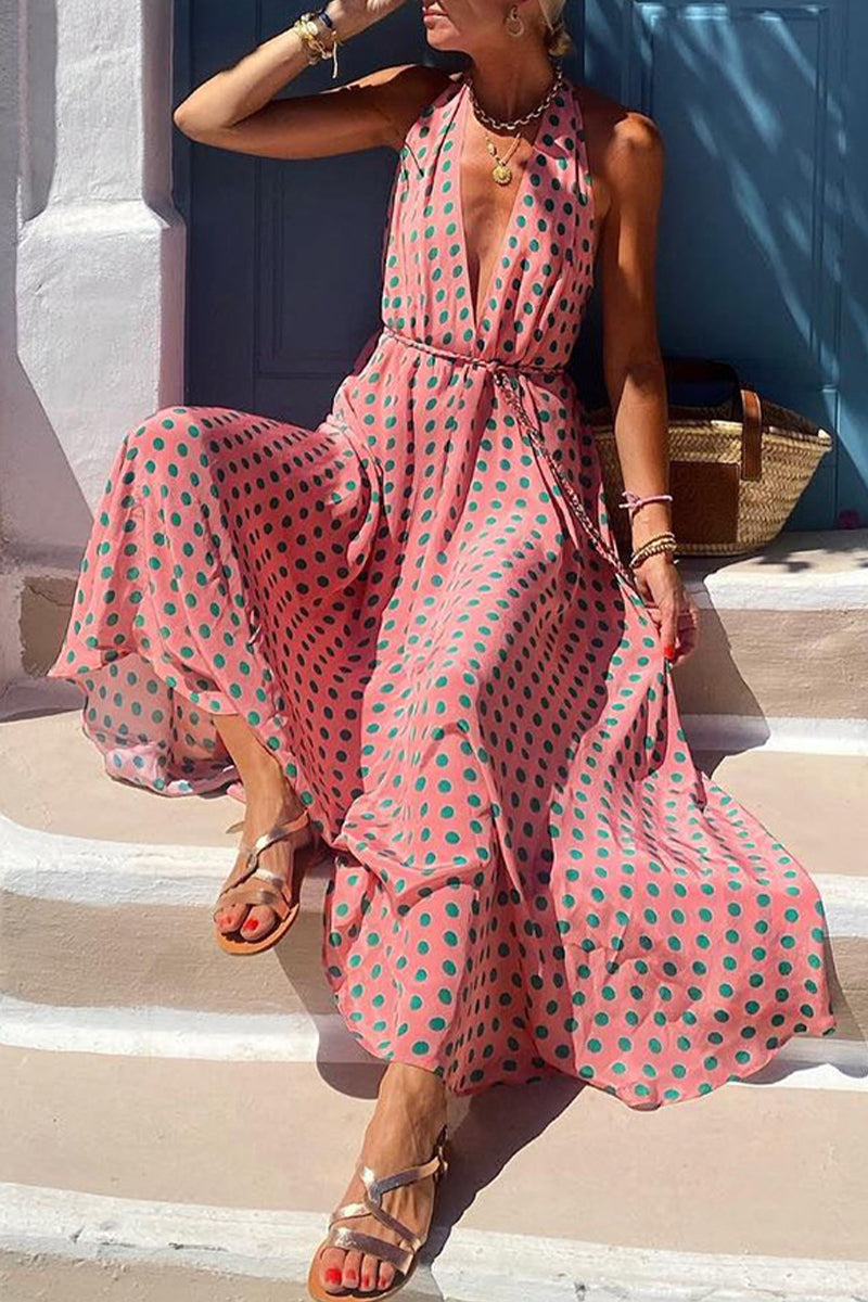 Sexy Vacation Geometric Print Frenulum Backless Halter Sleeveless Dress Dresses  Fashionpara