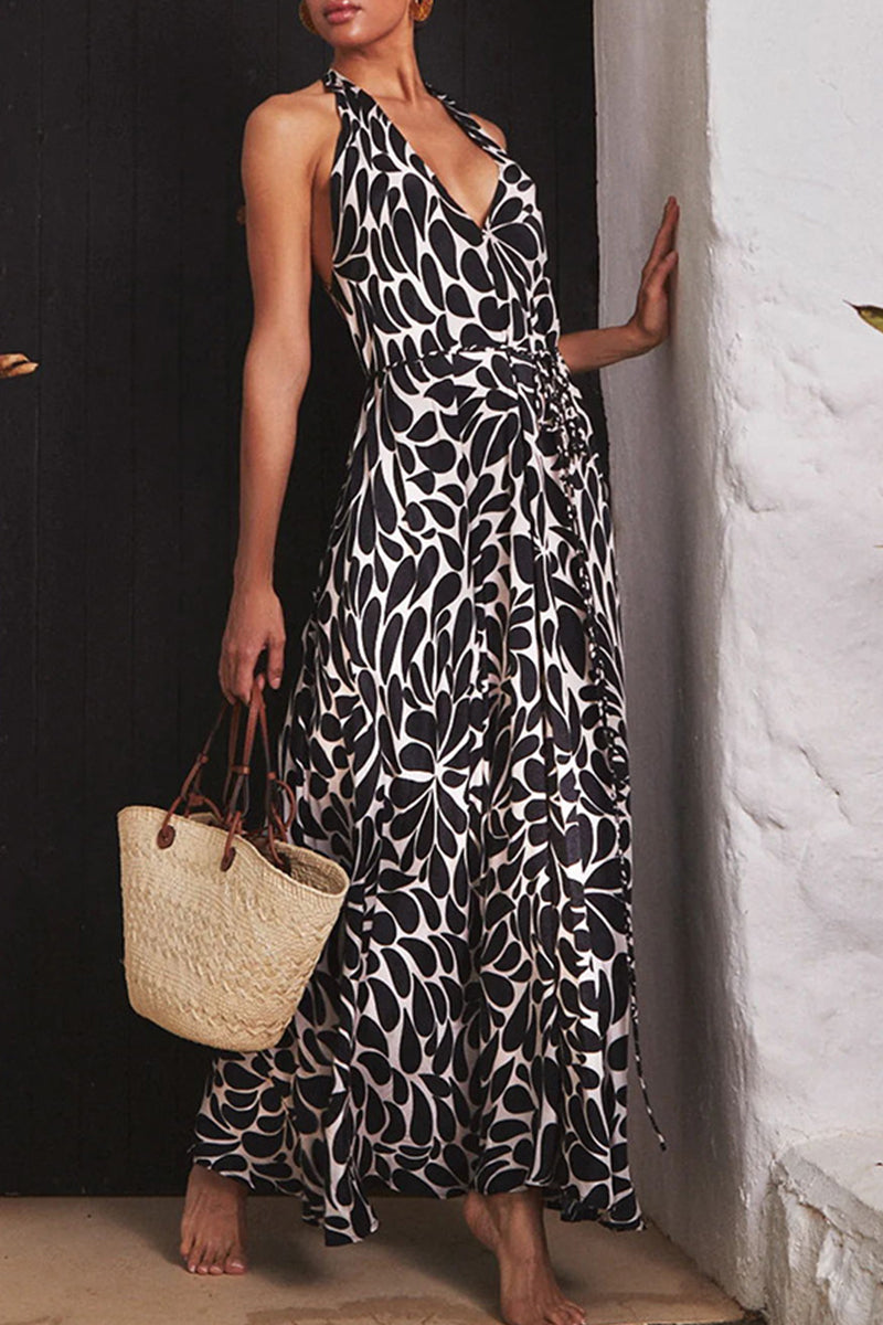 Sexy Vacation Geometric Print Frenulum Backless Halter Sleeveless Dress Dresses  Fashionpara