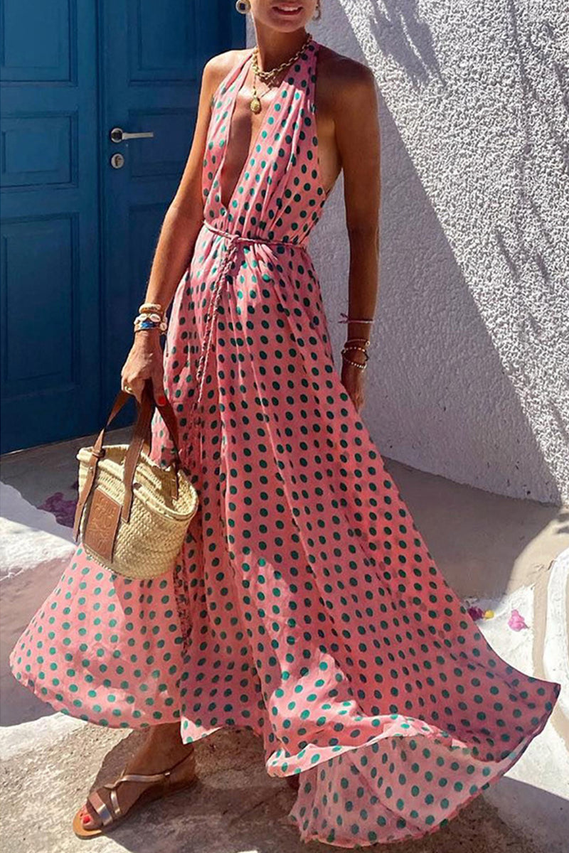 Sexy Vacation Geometric Print Frenulum Backless Halter Sleeveless Dress Dresses  Fashionpara