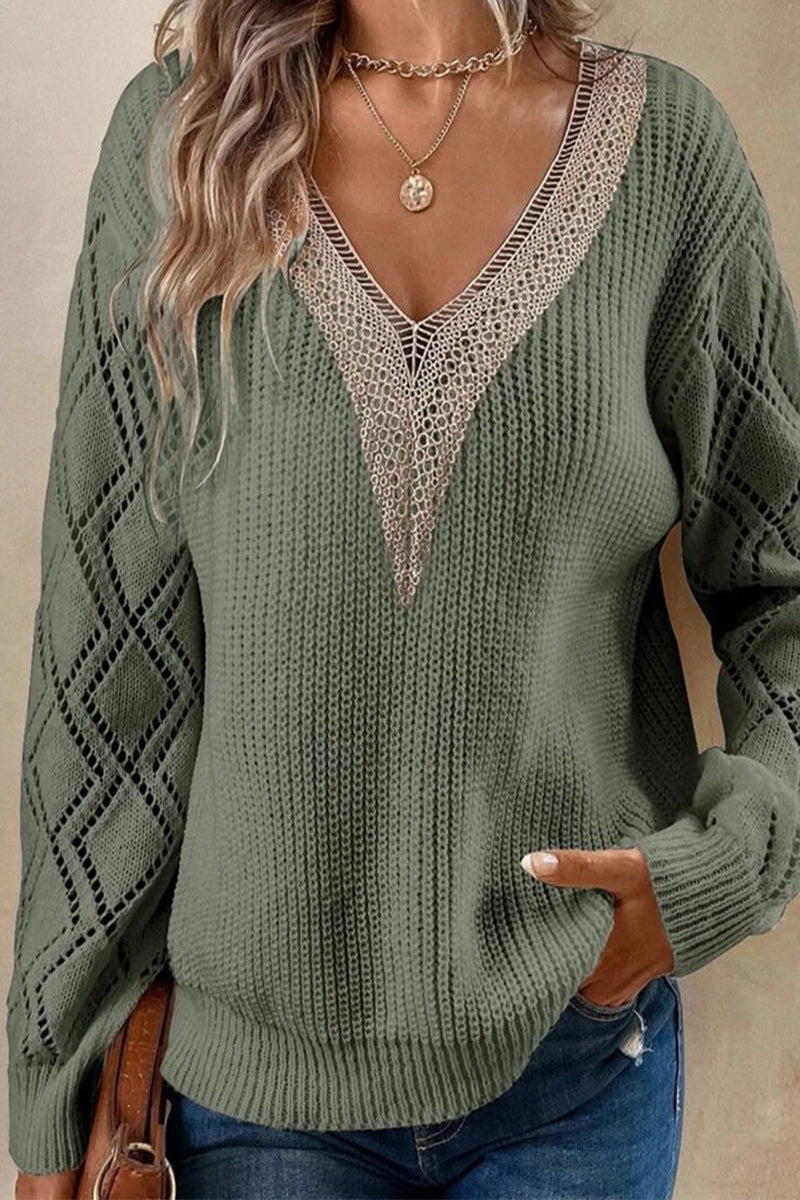 Florcoo Casual Solid Lace V Neck Sweater for Effortless Style