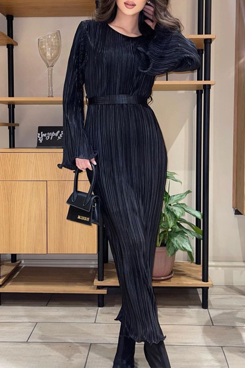 Elegant Solid Pocket Fold O Neck A Line Dresses - Fashionpara