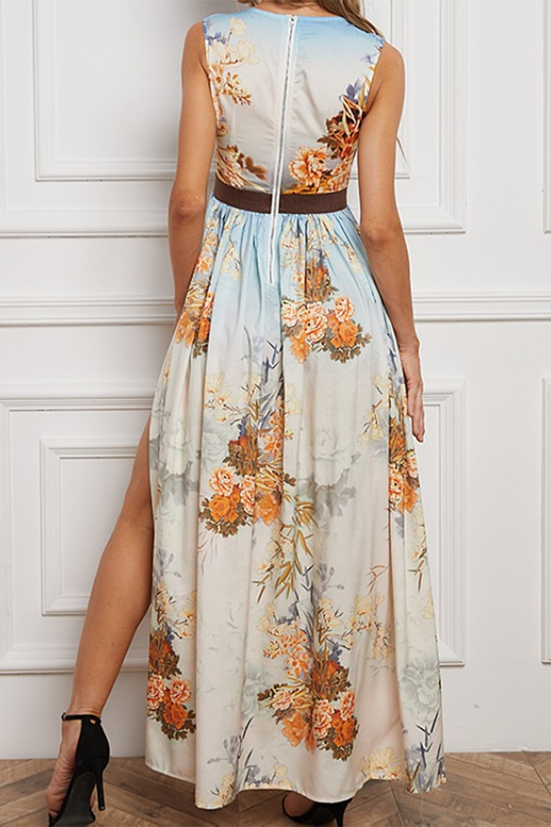 Vintage Elegant Print Slit O Neck Printed Dress Dresses - Fashionpara