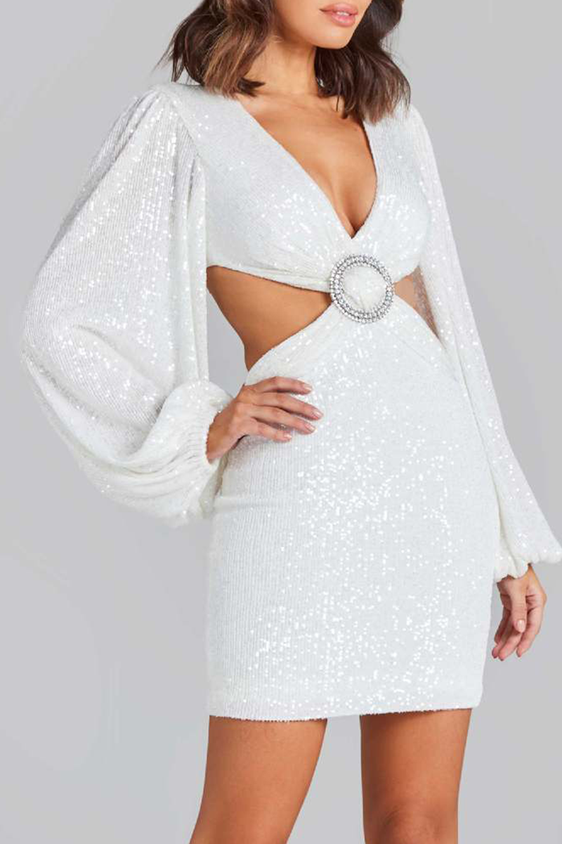 Sexy Solid Sequins Sequined V Neck Wrapped Skirt Dresses - Fashionpara