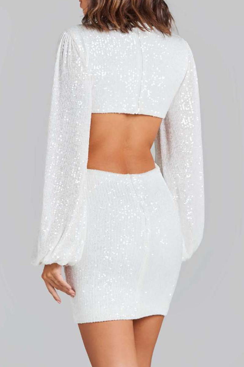 Sexy Solid Sequins Sequined V Neck Wrapped Skirt Dresses - Fashionpara